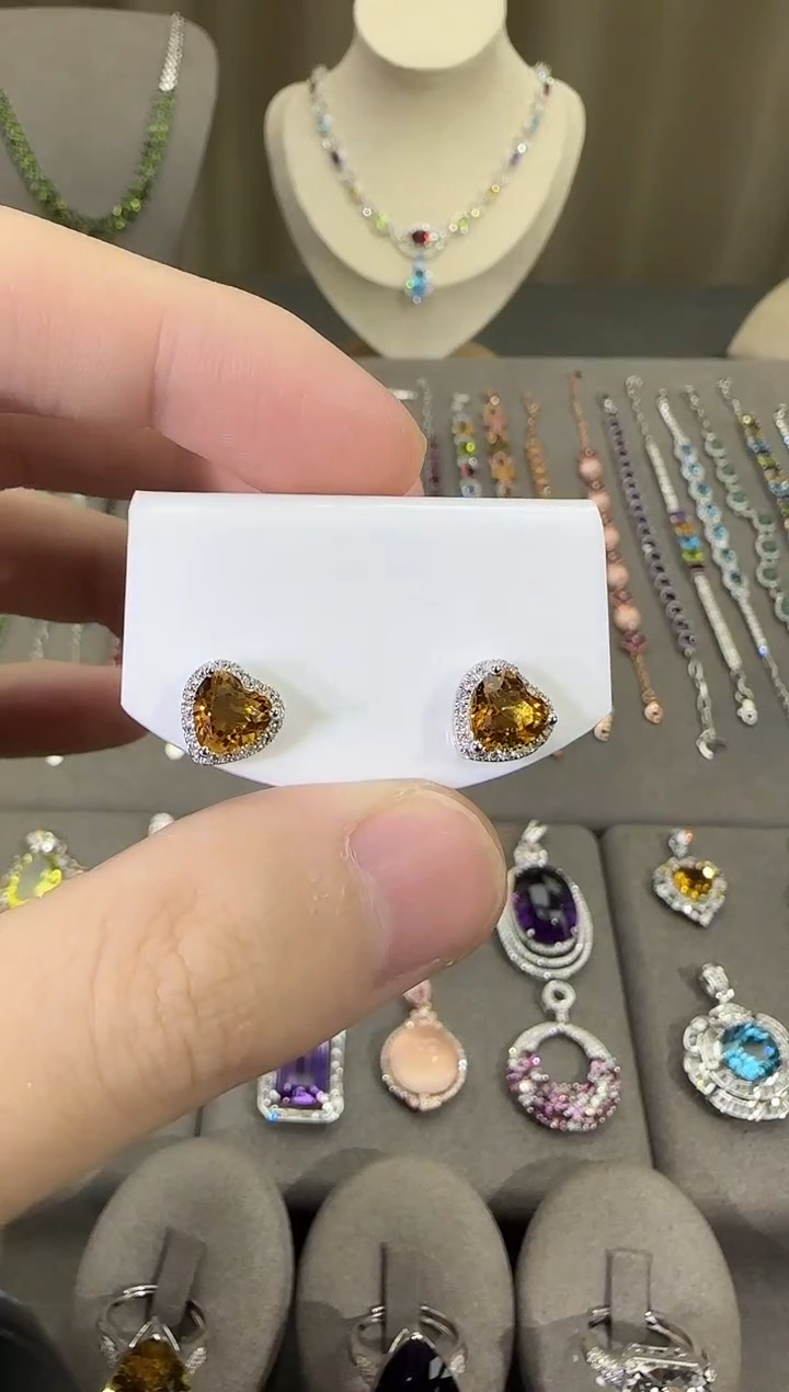 银S925镶嵌耳饰黄晶8mm耳钉简约款