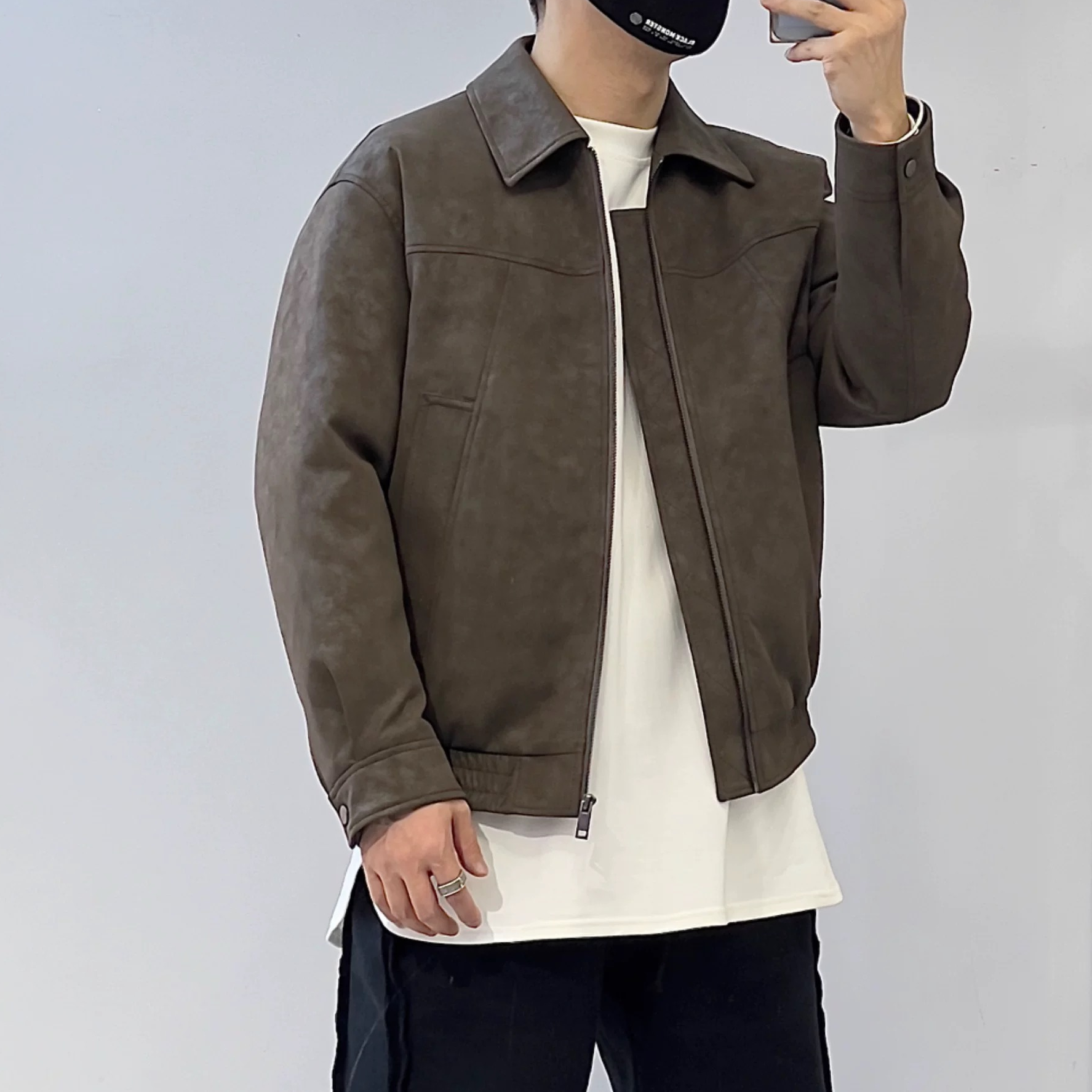 潮牌翻领磨砂皮羽绒服男士冬季短款宽松软糯PU加厚保暖外套92597