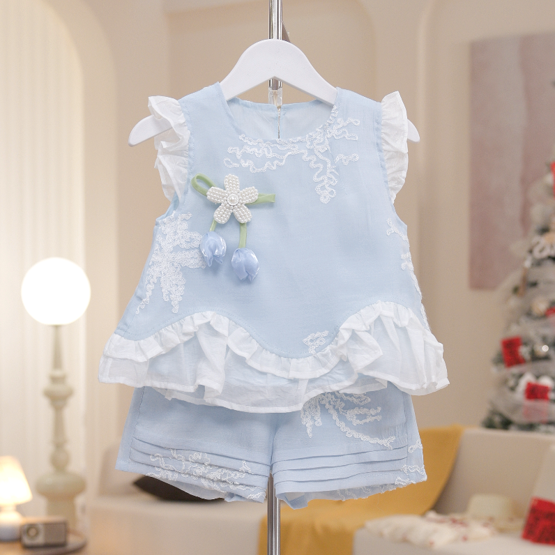 【画瓷】女童套装绣花纱裙套装夏季女宝薄款郁金香休闲甜美SA13142