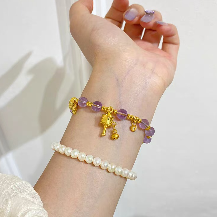 铜合金手链 小红书同款紫水晶手链女转经筒四叶花小众手链