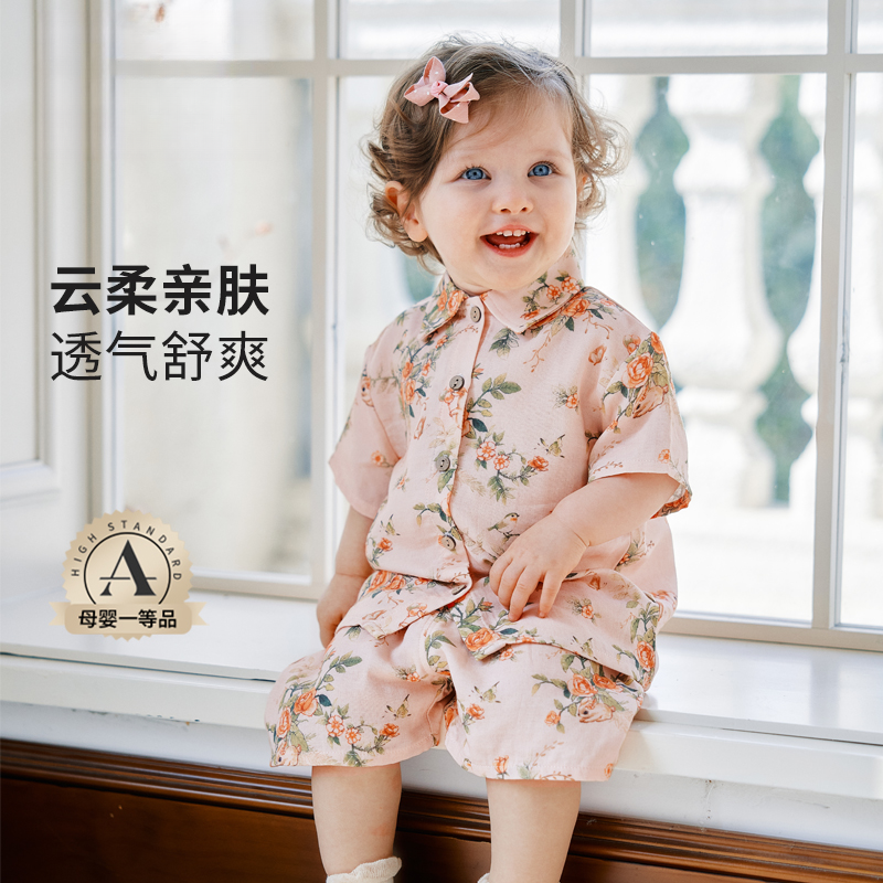 宝宝翻领套装夏季2025新款婴儿衣服男女儿童短袖短裤两件套