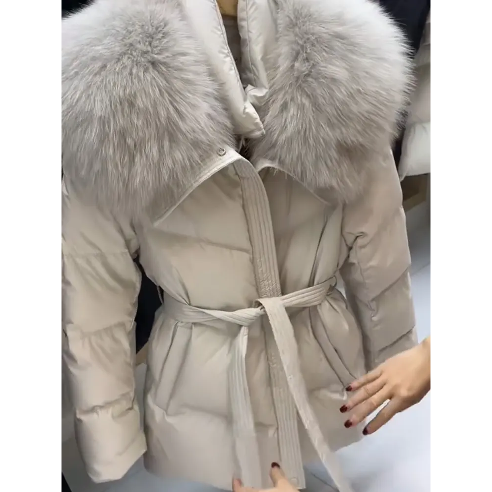 高级感中长款棉服女2025冬季新款韩版收腰显瘦系带保暖大毛领外套