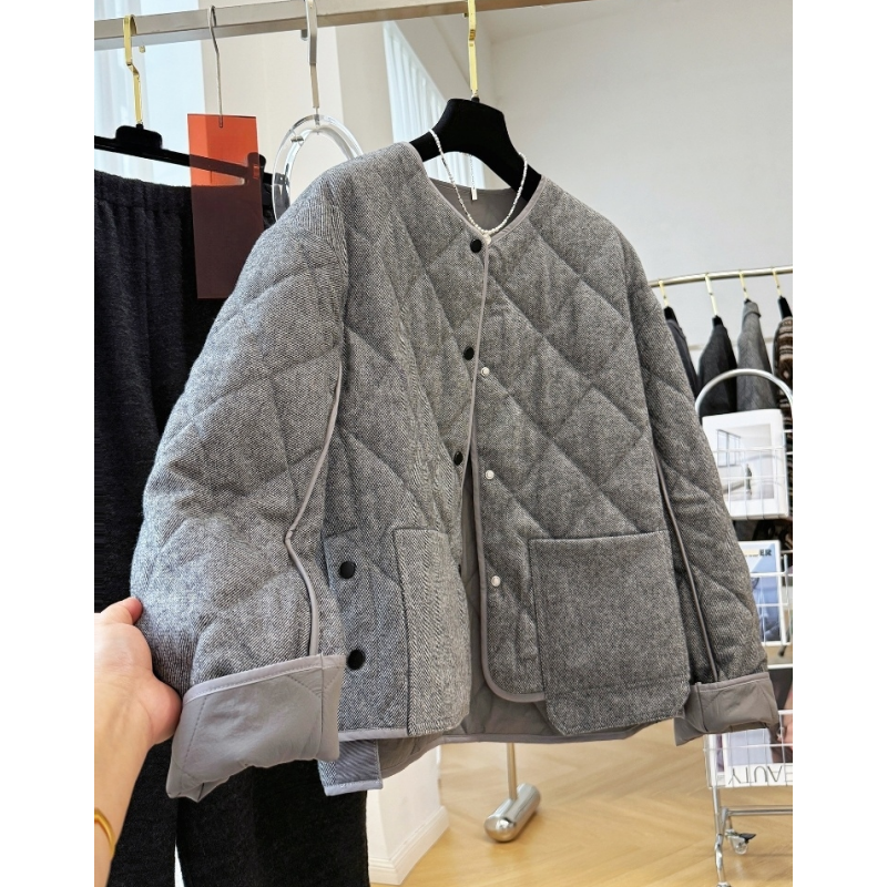 高级感羊毛呢子夹棉短款外套女秋冬巨好看的韩系菱格棉服棉衣夹克