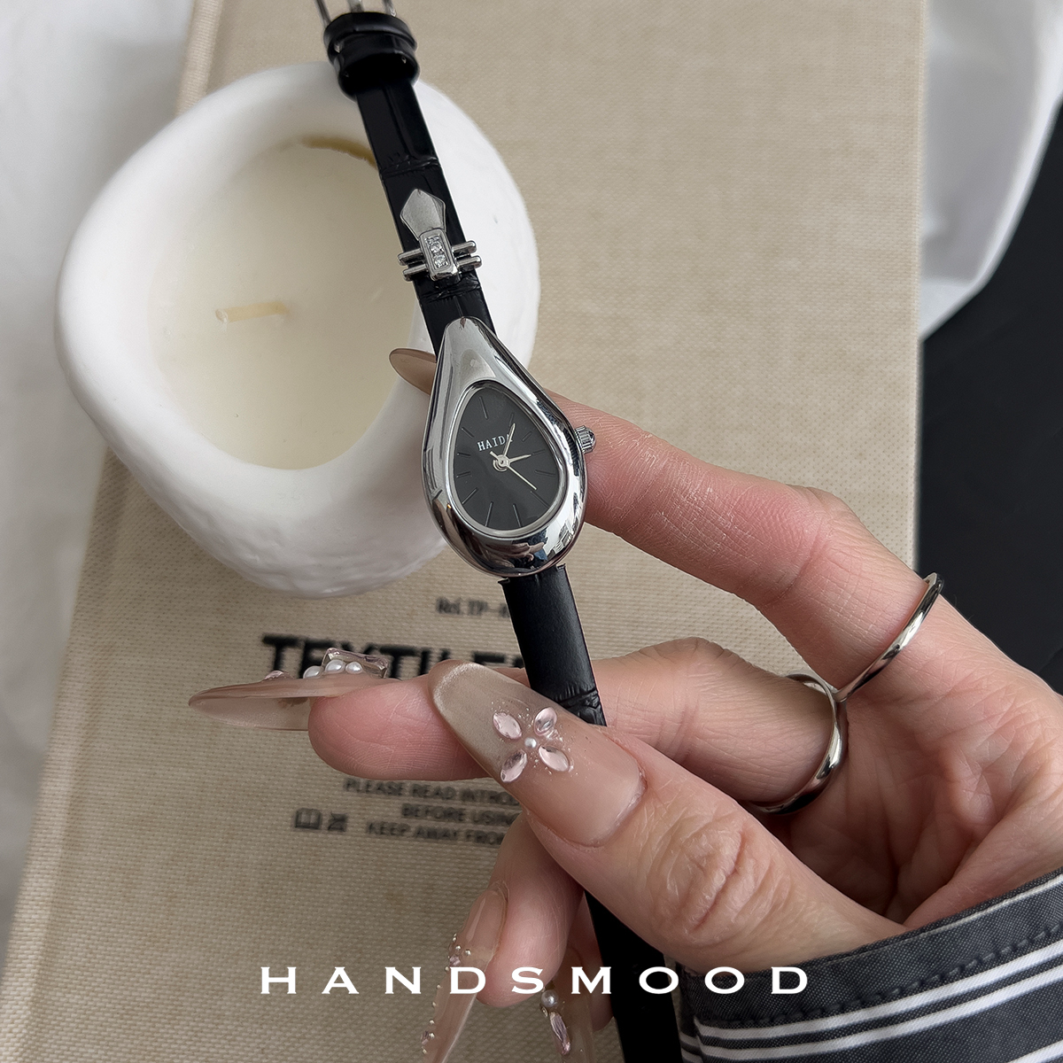 handsmood 银黑琵琶设计感小众高级时尚气质百搭真皮女士手表