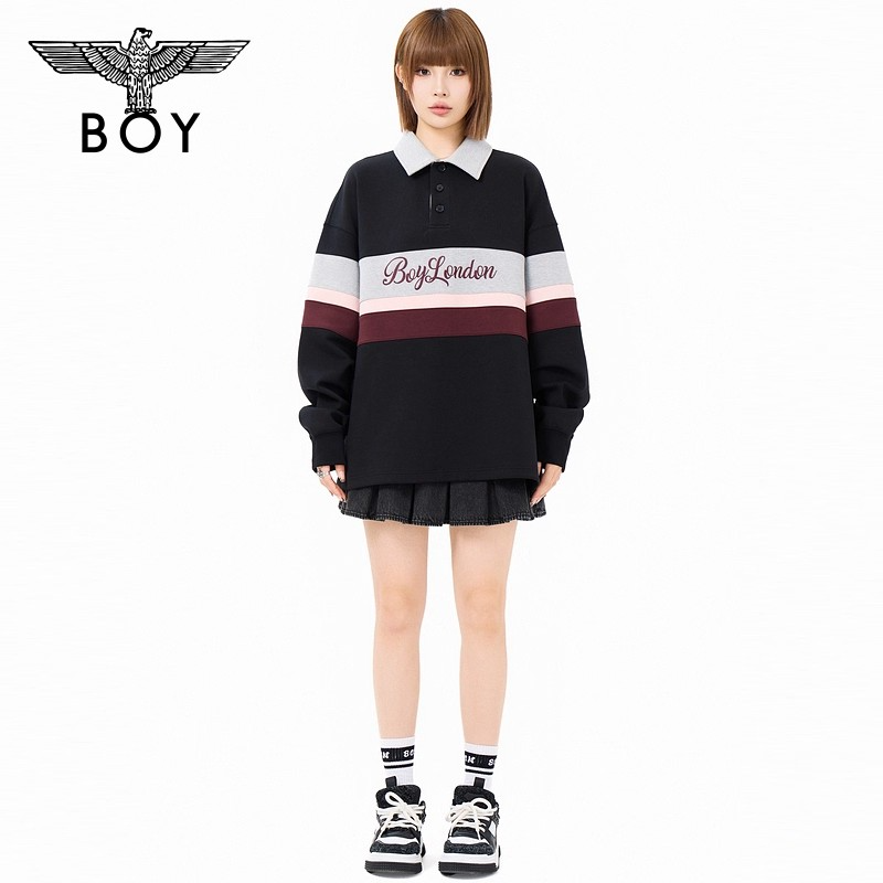 【芬多学院】BOYLONDON2025秋新款绣花POLO套头情侣卫衣撞色N03054