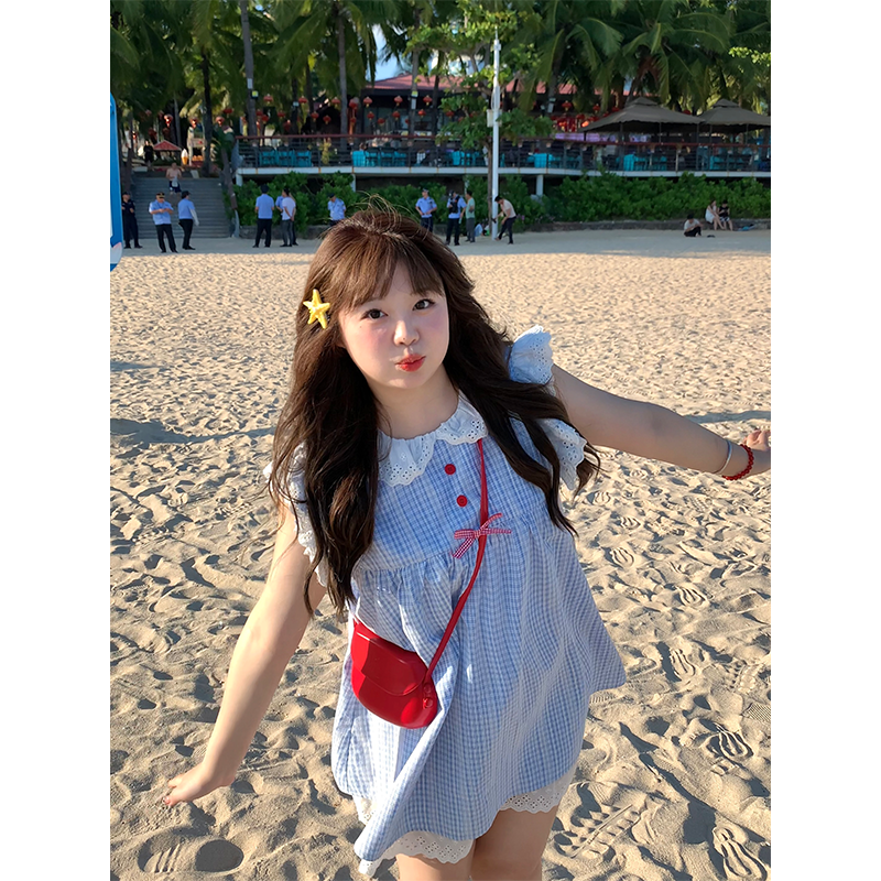 小飞袖连衣裙清新蓝色格子娃娃领宽松显瘦裙夏季可爱遮肉蝴蝶结