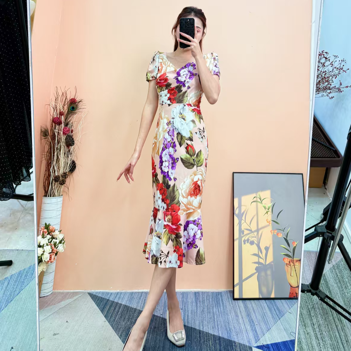 [依易原创]法式气质优雅浪漫印花高腰修身显瘦鱼尾短裙B0312