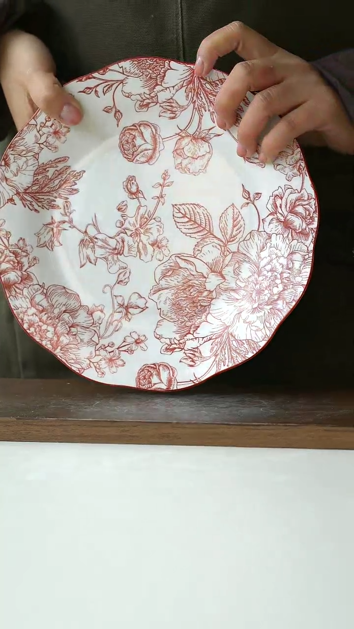 【闪购商品】陶瓷瑕疵中古釉里红主菜盘23cm@4-2@