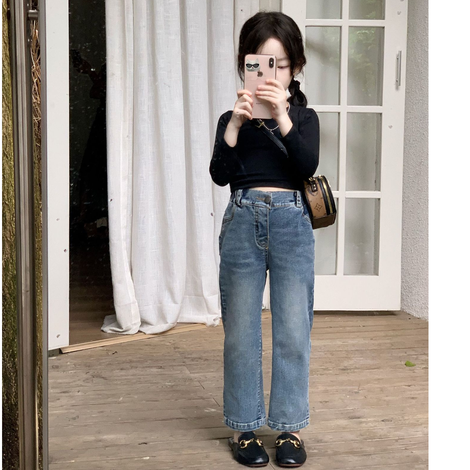 女童直筒裤2025秋季新款美式复古做旧牛仔裤弹力修身窄版阔腿裤潮