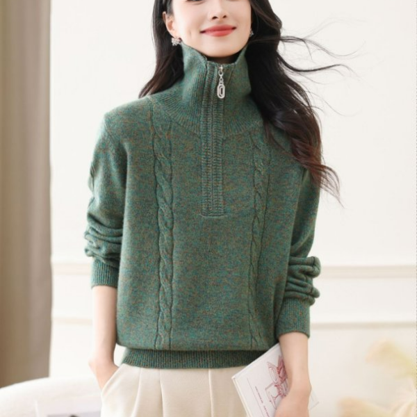 【诗芬霓】含羊毛半拉链翻领领修身女士针织开衫