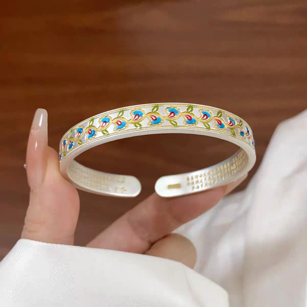 足银手镯 足银 花藤手镯9999足银实心描金烧蓝正品银手镯高级