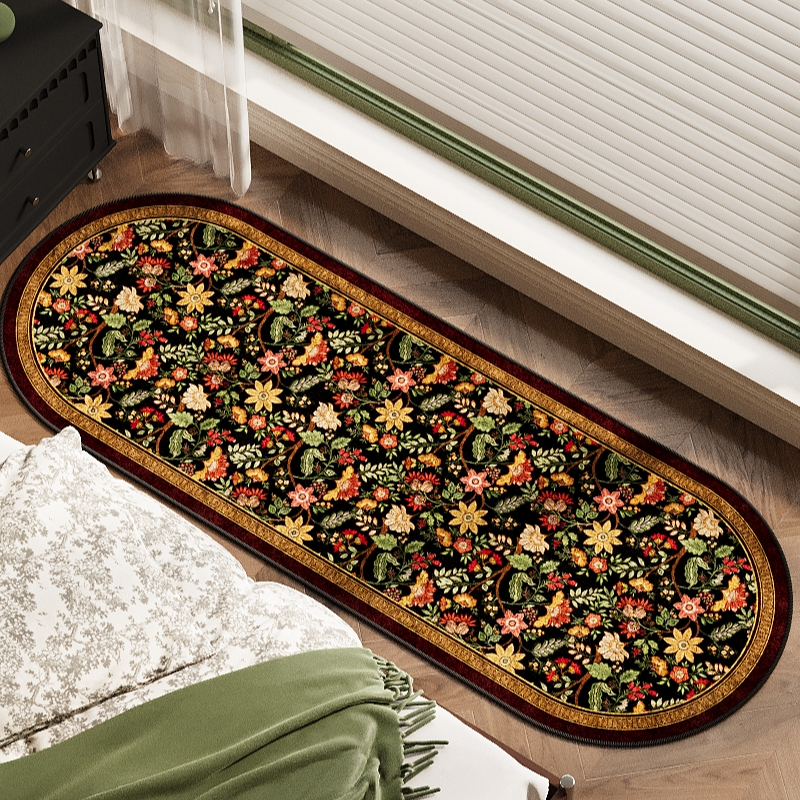 田园碎花椭圆形晶钻绒卧室床边地毯美式复古风房间床前脚垫客厅