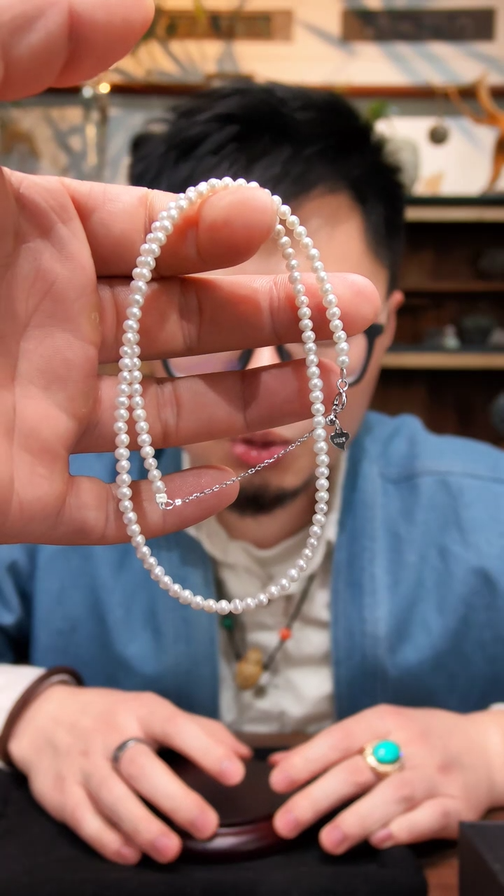 银S925镶嵌项链淡水珍珠S925银珍珠项链ZD3.5*+