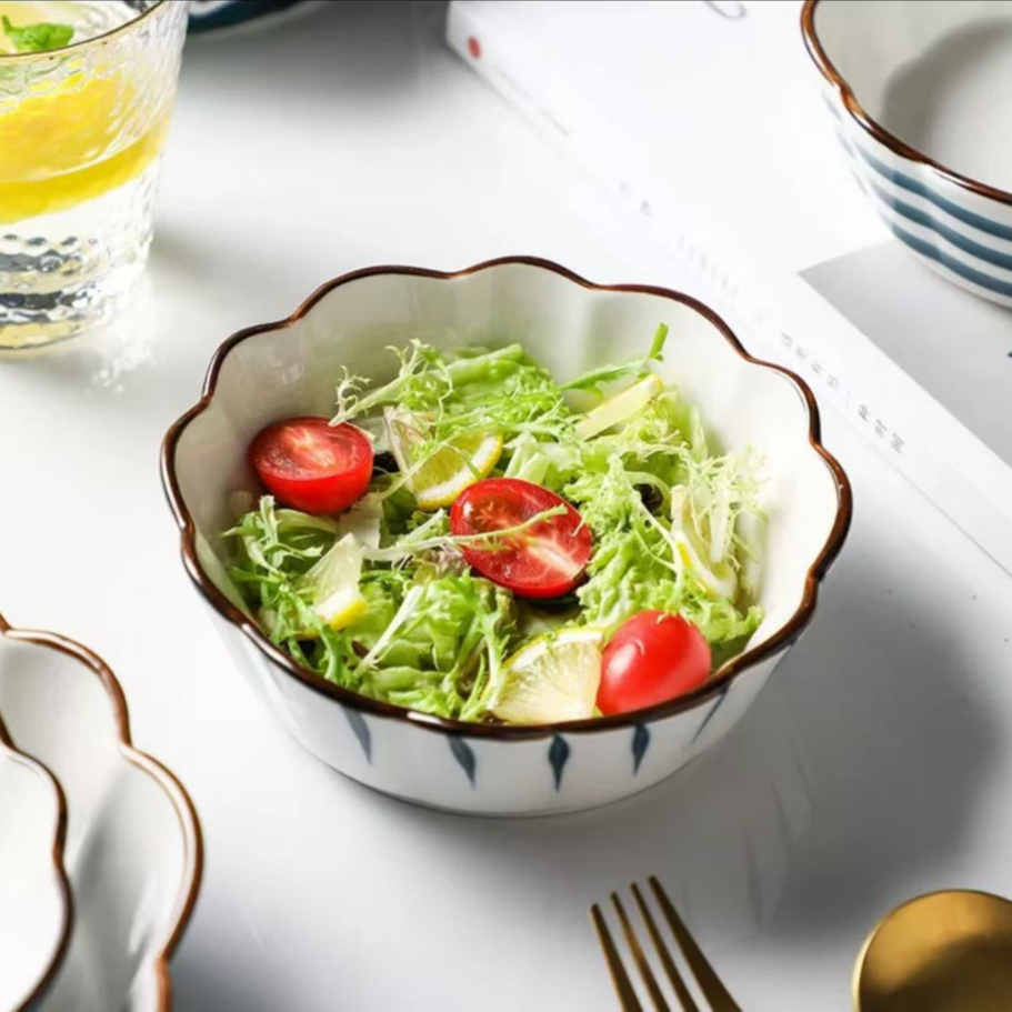 花条纹可爱手绘烤碗家用网红水果沙拉碗早餐碗麦片碗6寸