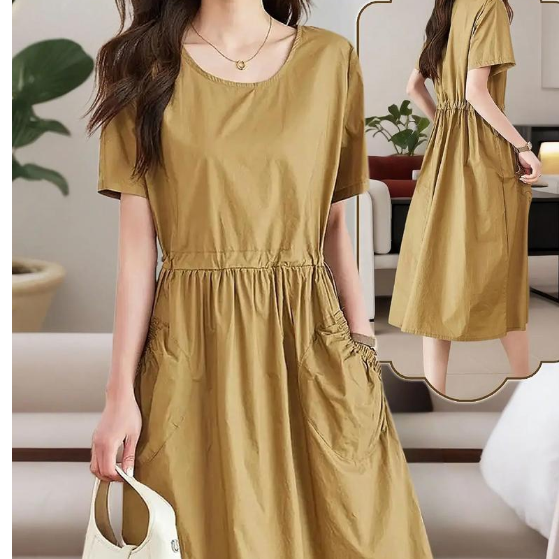 圆领小个子小方领高腰连衣裙休闲风夏装夏季收腰显瘦