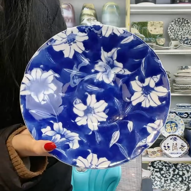 清仓火【2支】日本进口美浓烧蓝彩花深盘22.5cm