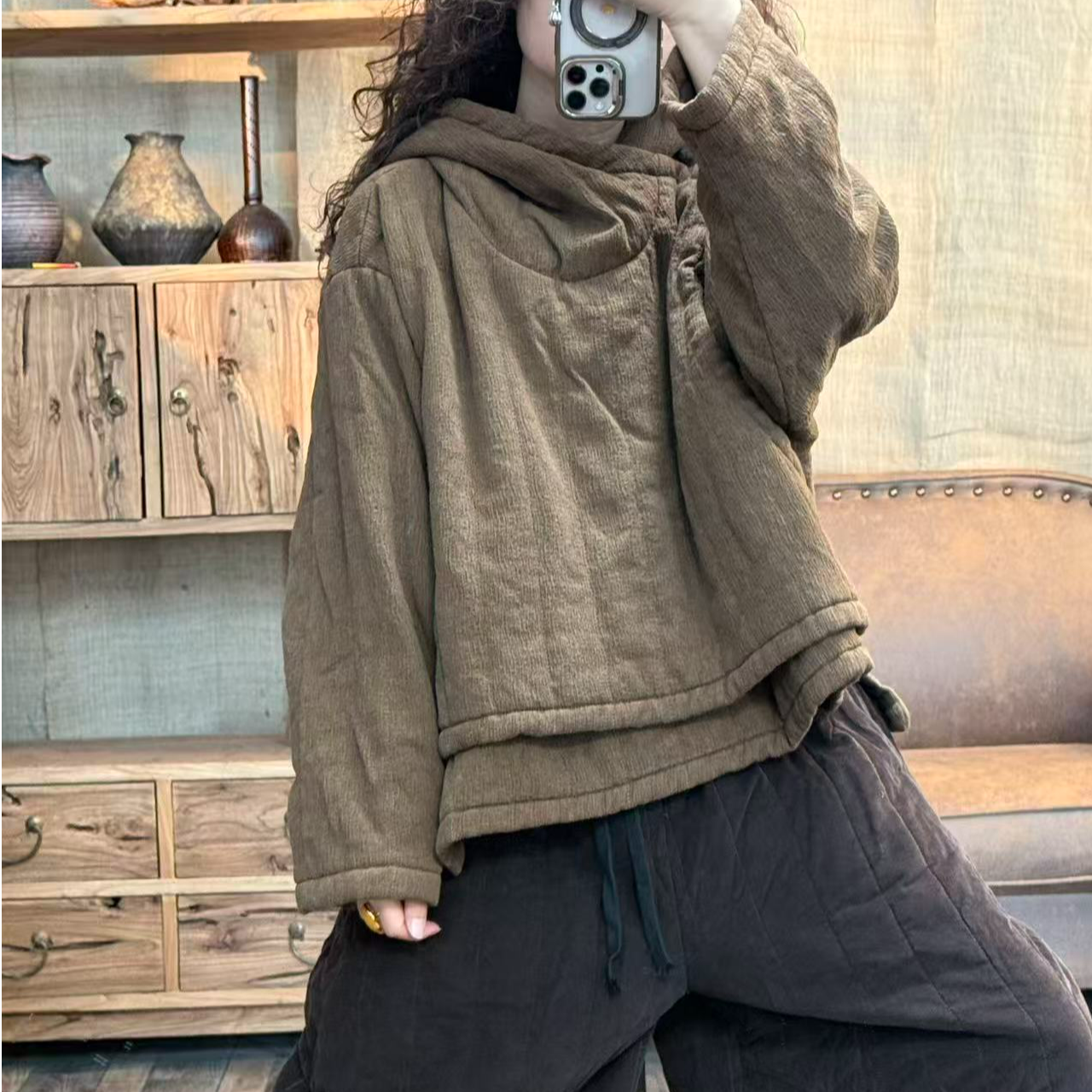[四月阳光]冬季夹薄棉亚麻做旧复古斜襟连帽上衣(长55-60胸围138