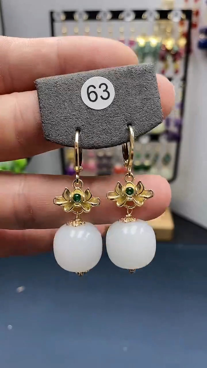 【闪购商品】和田玉耳饰银S925镀金镶嵌尺寸16mm桶珠耳扣