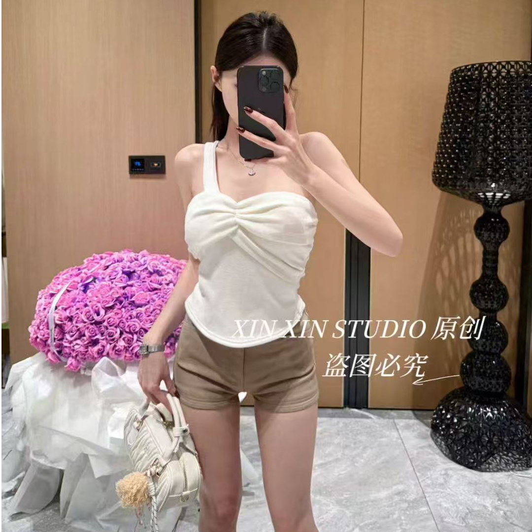 性感纯欲辣妹风自带胸垫吊带上衣名媛风斜肩吊带内搭外穿女背心