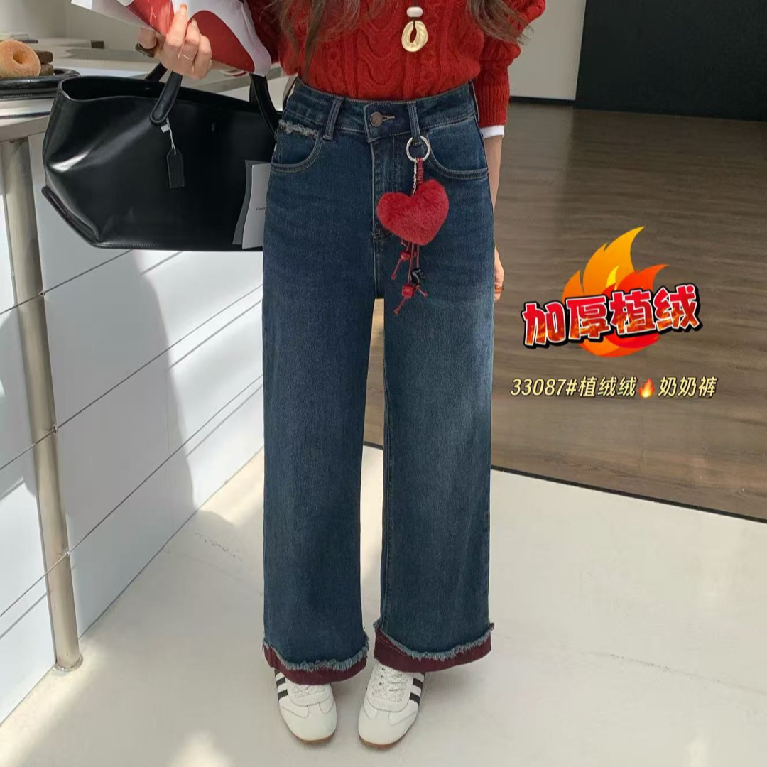 【爱奈奴】33087冬季胖mm显瘦阔腿加绒加厚高腰牛仔裤弹力松紧腰