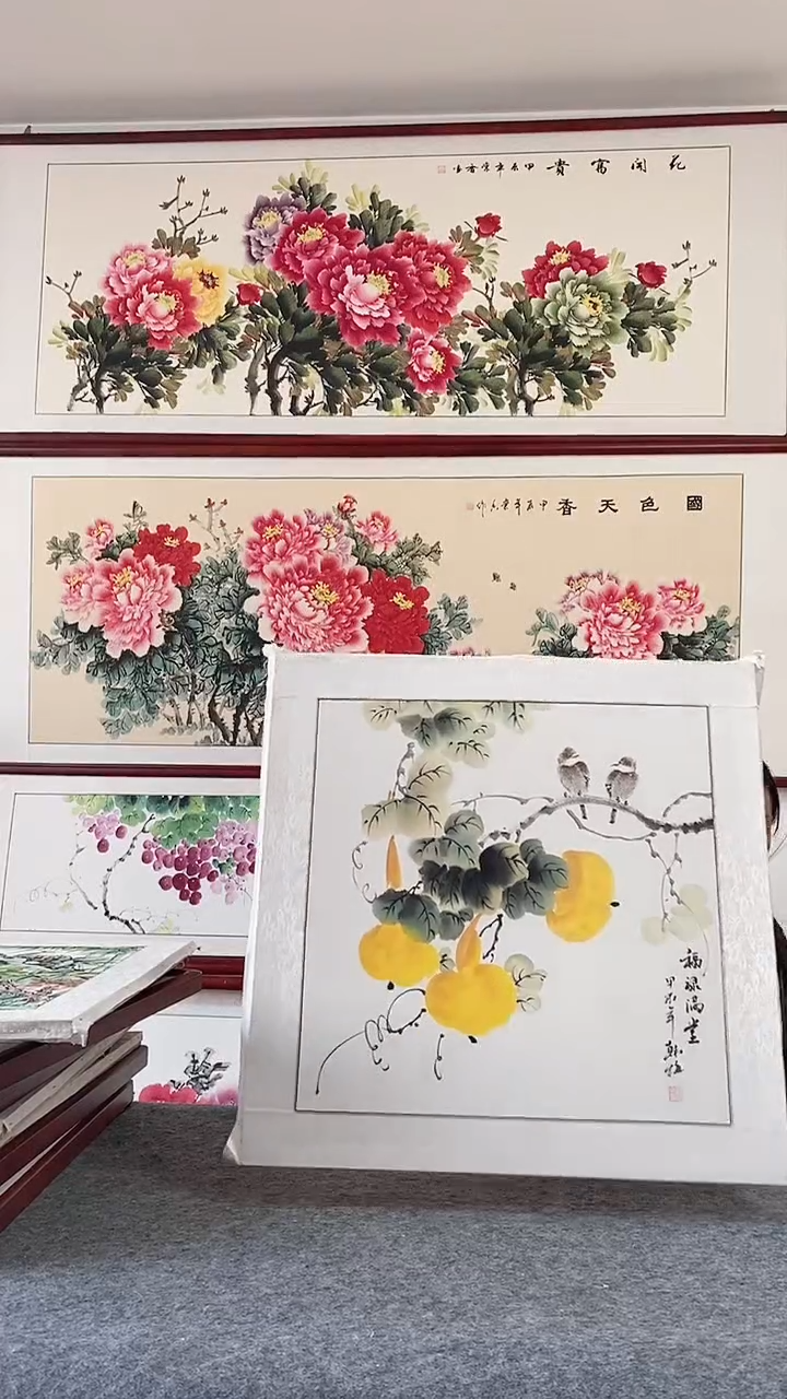 国画纯手绘国画65*65带框装饰挂画