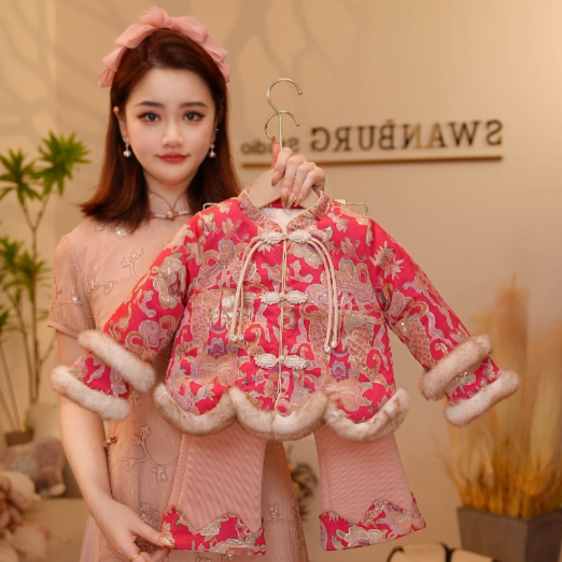 【Y.g9186】2025冬季新款女童国风加绒复古女宝重工长裤套装中式