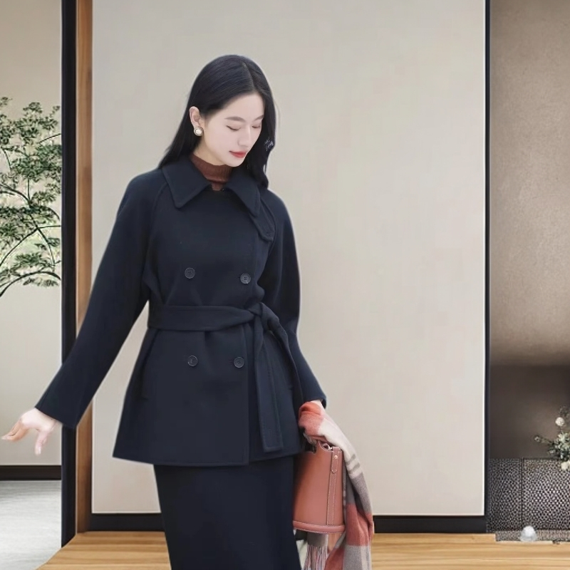 女士双排扣翻领中款纯色系带秋冬双面毛呢外套休闲百搭