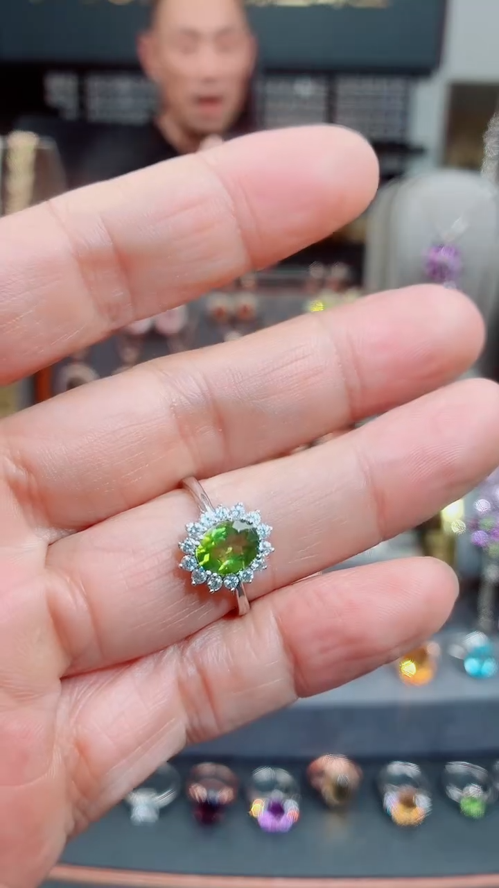 银S925镶嵌戒指橄榄石橄榄石戒指16#