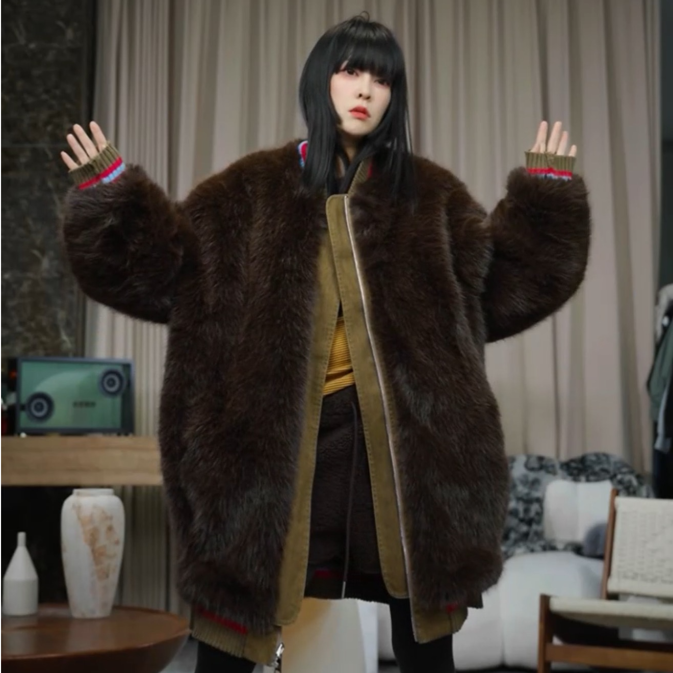 infobyfive福利秋冬正反两穿毛绒绒拉链棒球服外套贰NF0511212