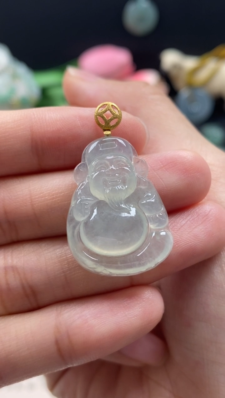 【闪购商品】翡翠颈饰18K金镶嵌翡翠冰胶财神吊坠