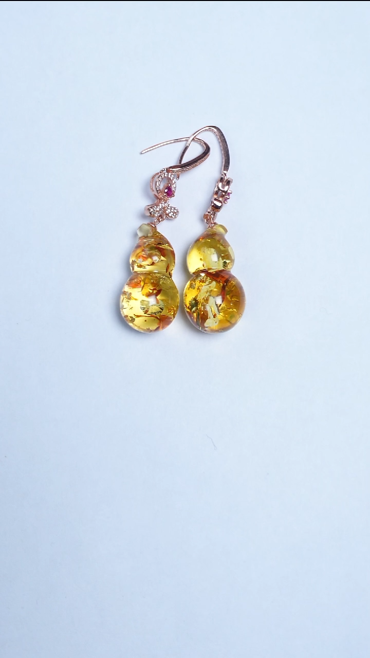 琥珀（花珀）银S925镶嵌耳饰花珀葫芦耳饰