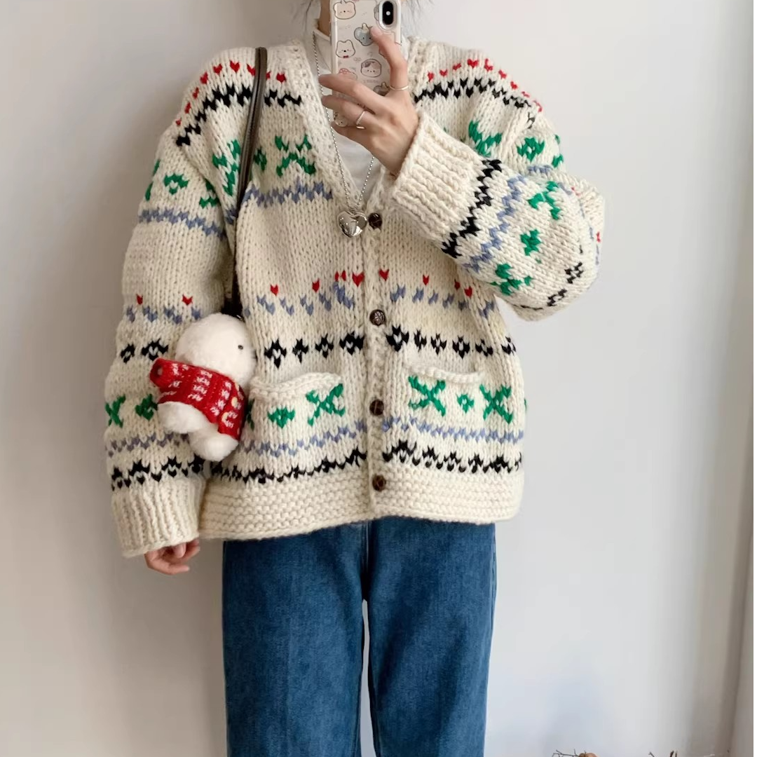 高端货~粗针拼色重工开衫毛衣女加厚秋冬纯手工编织羊毛针织外套