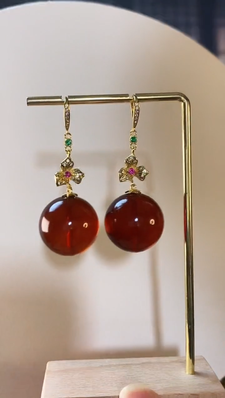 【闪购商品】琥珀耳饰银S925镶嵌血珀耳环20+++