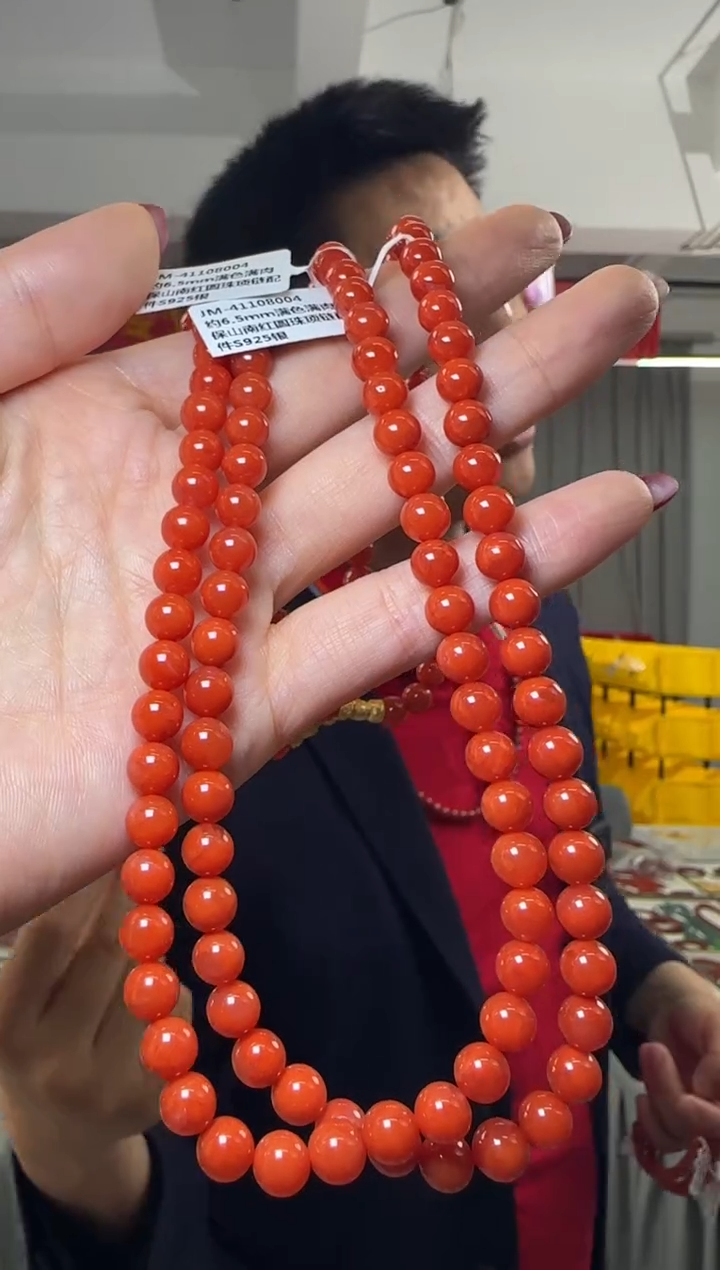 【闪购商品】南红玛瑙项链银S925镶嵌约6.5mm保山南红圆珠项链