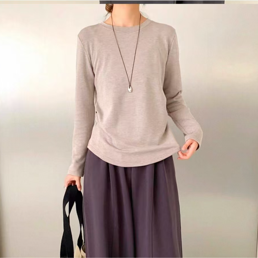 9374-侧腰抽褶（冬季）小蛮腰打底衫（燕麦）