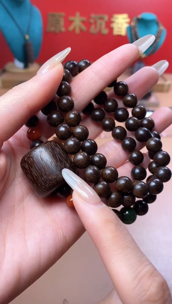 【闪购商品】沉香手串Y玉化紫08三圈+虎斑留疤白沉香木雕顶珠
