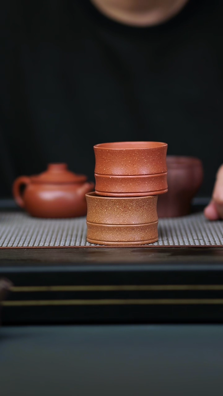 茶壶紫砂五彩降+葵黄段好运大吉竹节杯100cc