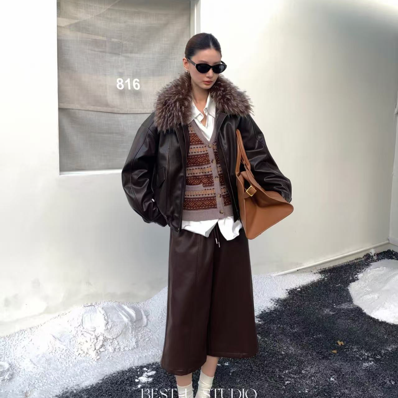 米古古 BEST U#12205-福 英伦风复古松紧腰皮裤 （裤长72腰围68）k