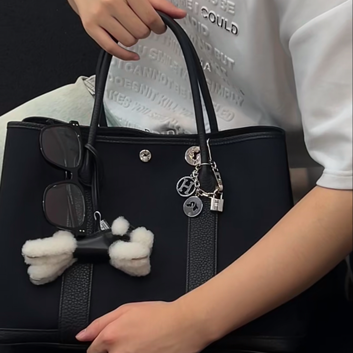 99新 Hermes/爱马仕 小花姑姑 花园包 36 89黑 帆布拼皮 Z刻 银扣