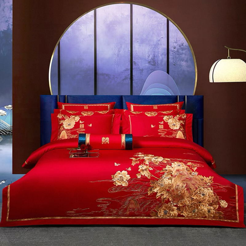 结婚四件套全棉牡丹刺绣大红色喜被套婚庆婚礼陪嫁床上用品十件套