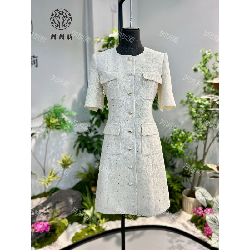 剀剀莉 夏季新款（白金帕兰朵）醋酸莱赛尔桑蚕丝绵羊毛混纺连衣裙