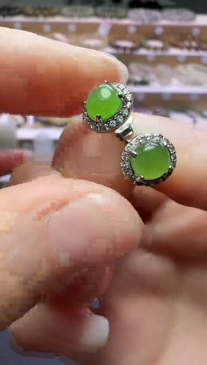 银S925镶嵌和田玉耳钉271号链接925银镶嵌