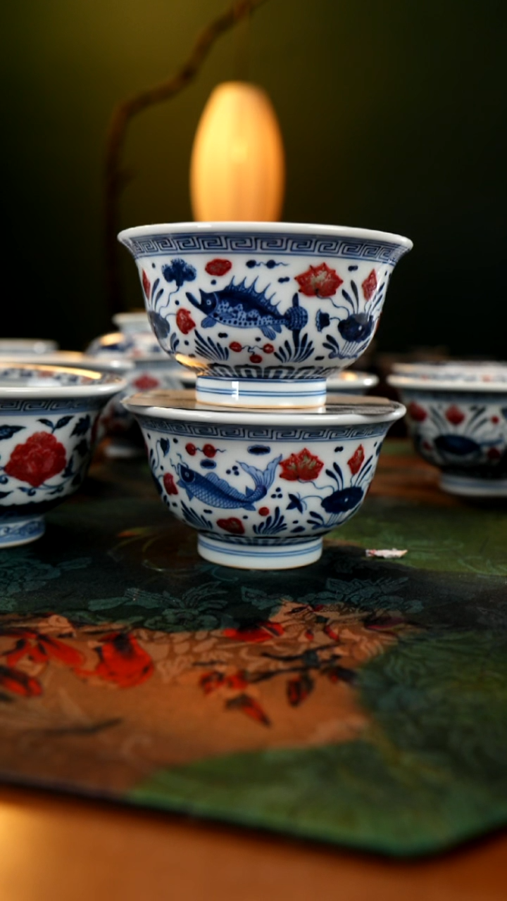 摆件陶乐*川柴窑青花釉里红鱼藻纹两只