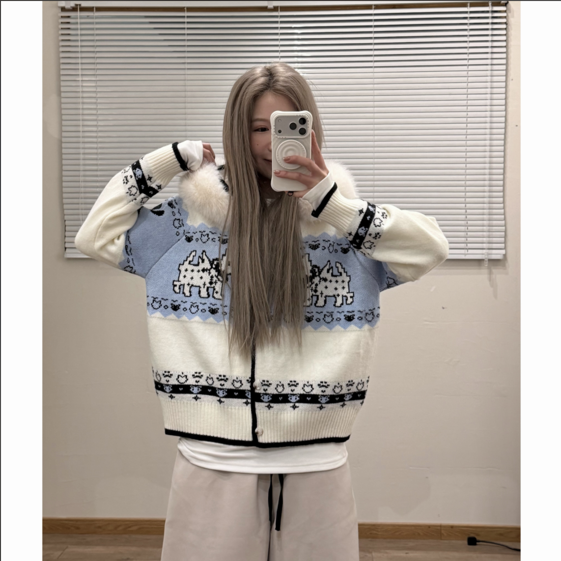 毛领提花连帽针织开衫费尔岛小狗毛衣女冬季