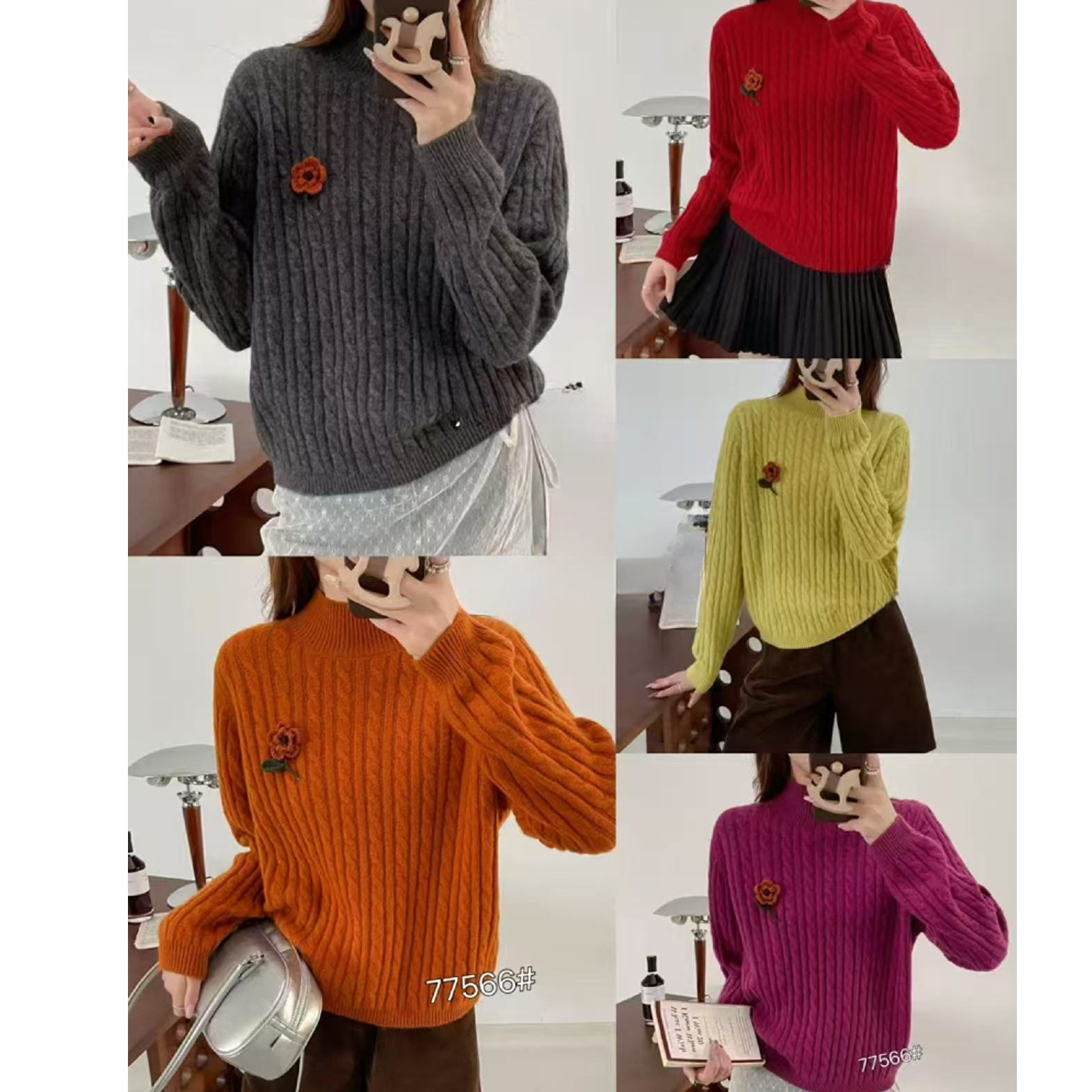 77566 厚款长袖冬季毛针织衫秋冬花套头毛衣宽松