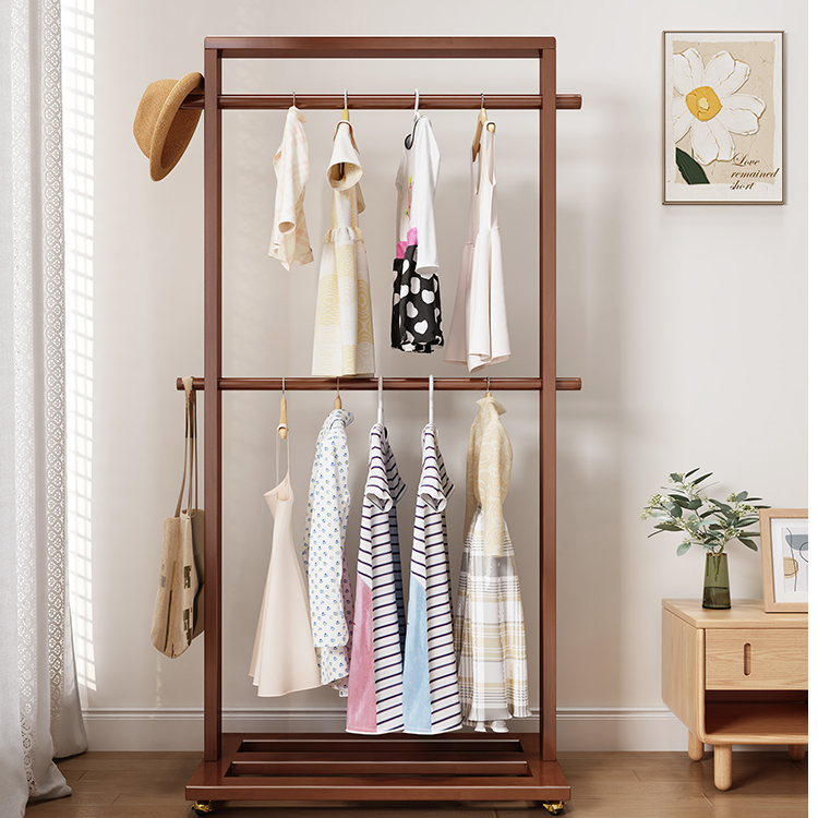 豆米宝贝全实木双层落地衣帽架置物架客厅主卧玄关卧室简易移动架