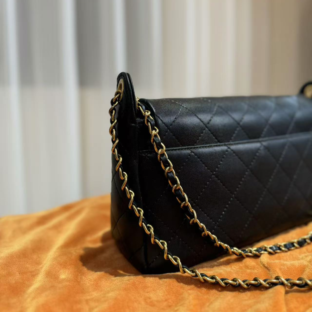 HIRMRIS手工真皮包金扣CZ289 肩链带菱格半黑香