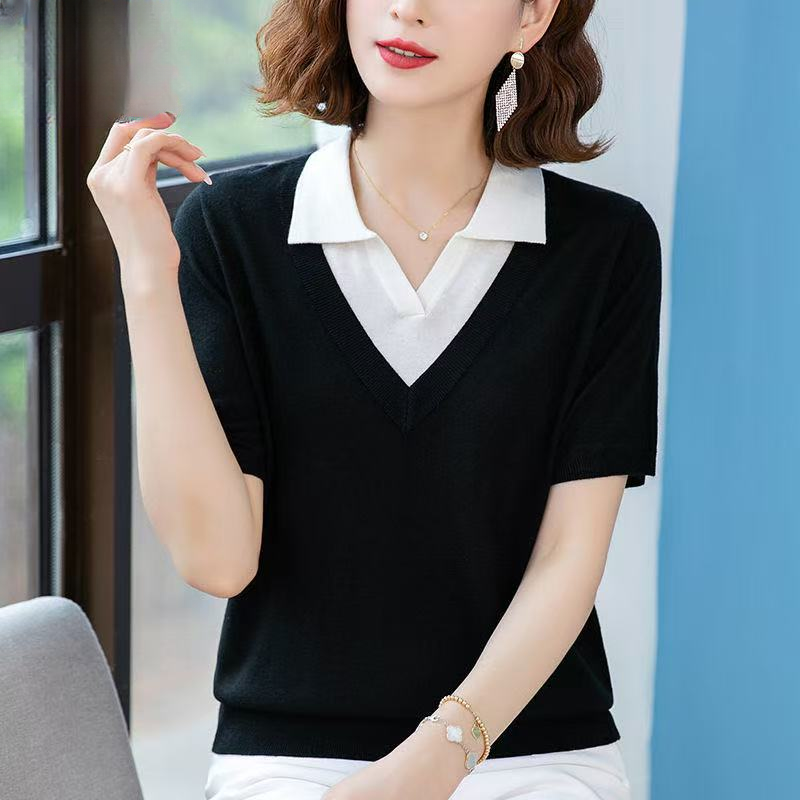 051【黑    半袖假2件】高级气质针织女衫