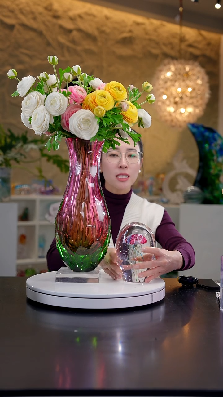 手工艺品琉璃红绿双色美人瓶设计款花器+大号底座+金红水母摆件