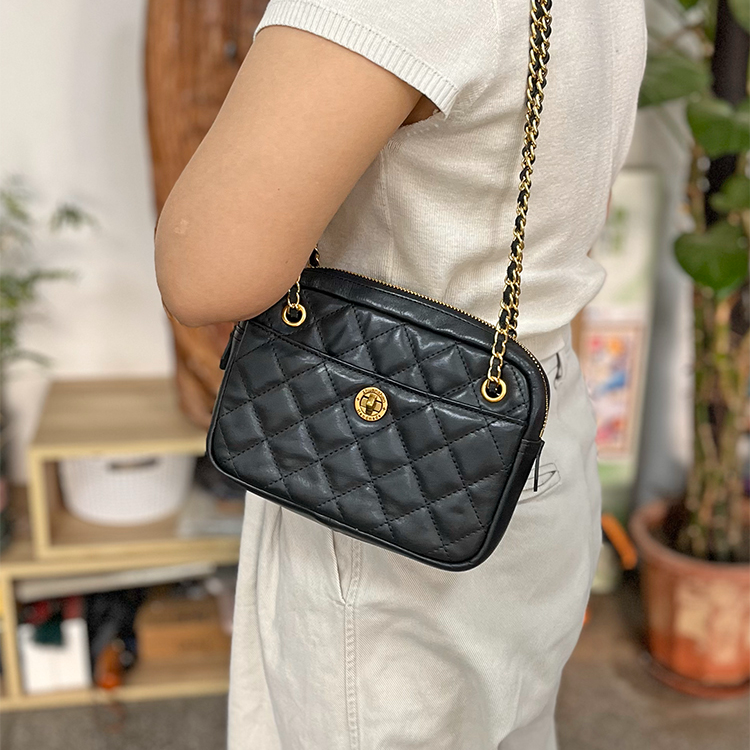 转山头层牛皮水染植鞣真皮复古菱格链条单肩斜挎时尚百搭女包